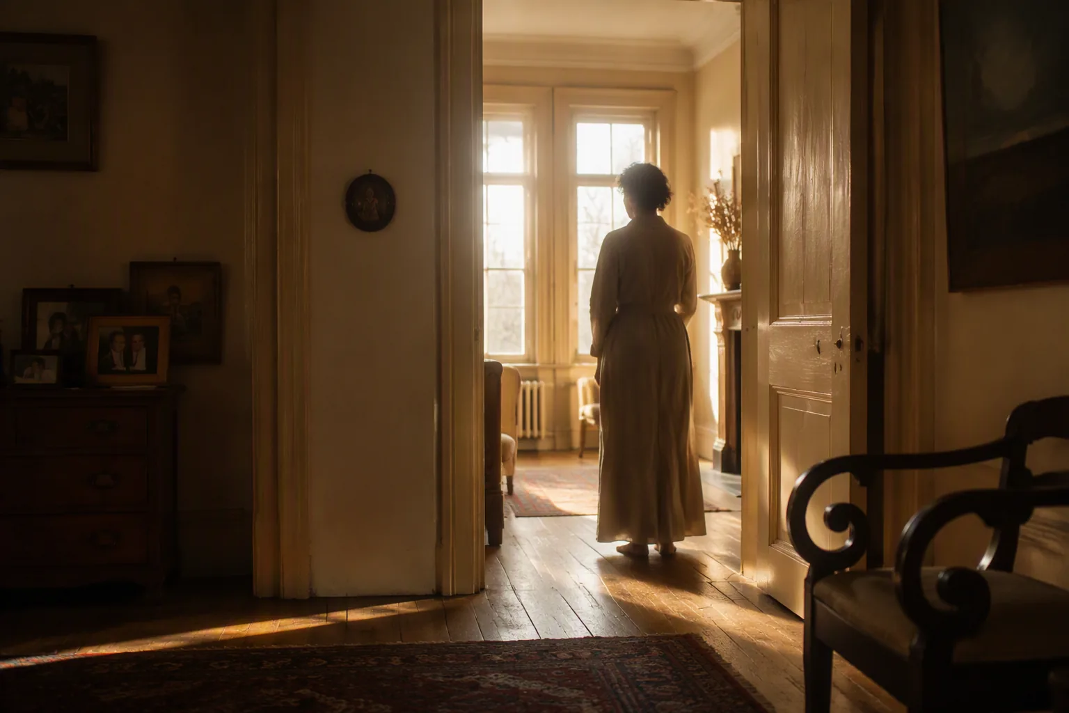 Eine Person steht in der Tür eines alten Hauses im warmen Fensterlicht