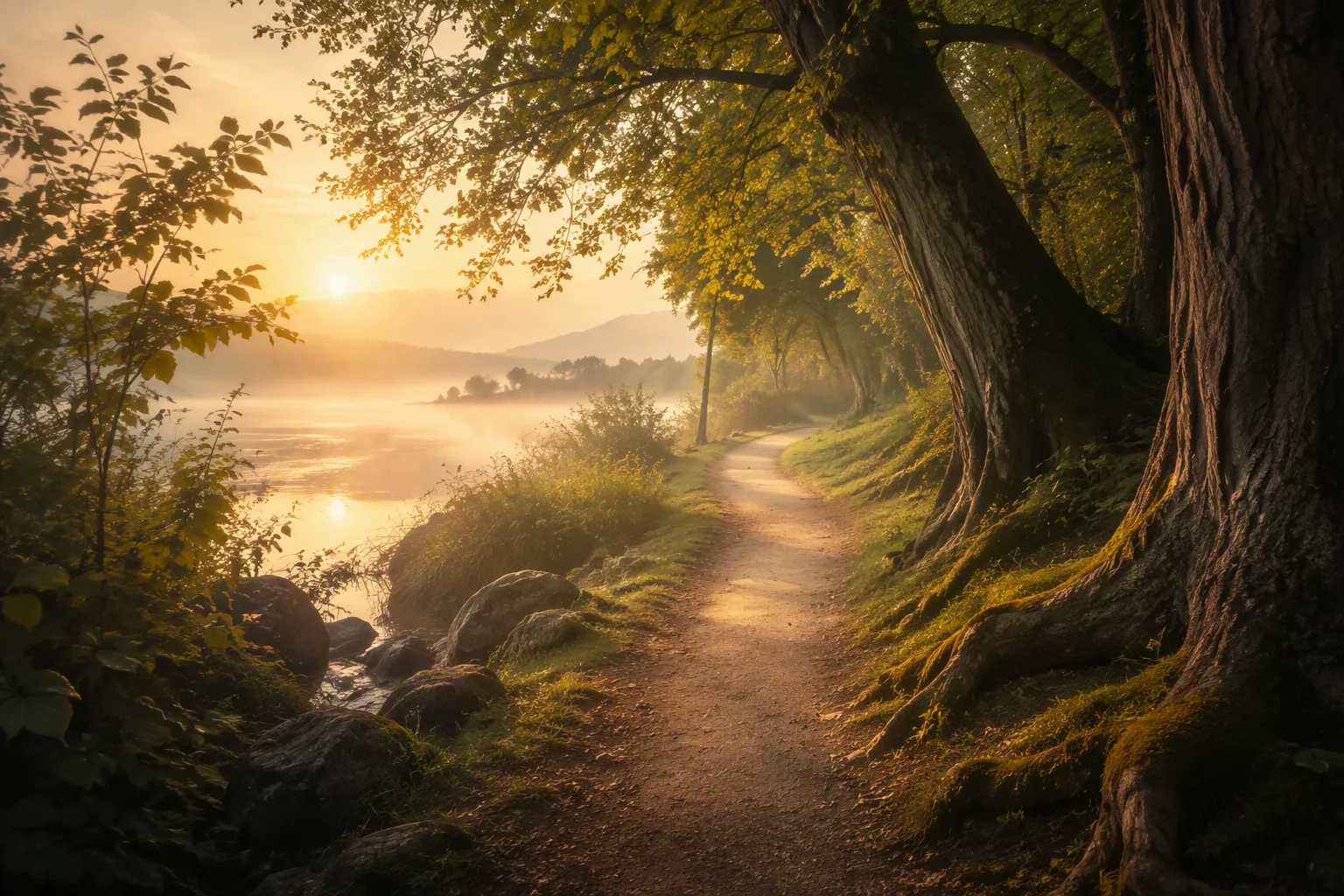 Ein gewundener Weg durch alte Bäume am Bodensee im Morgenlicht