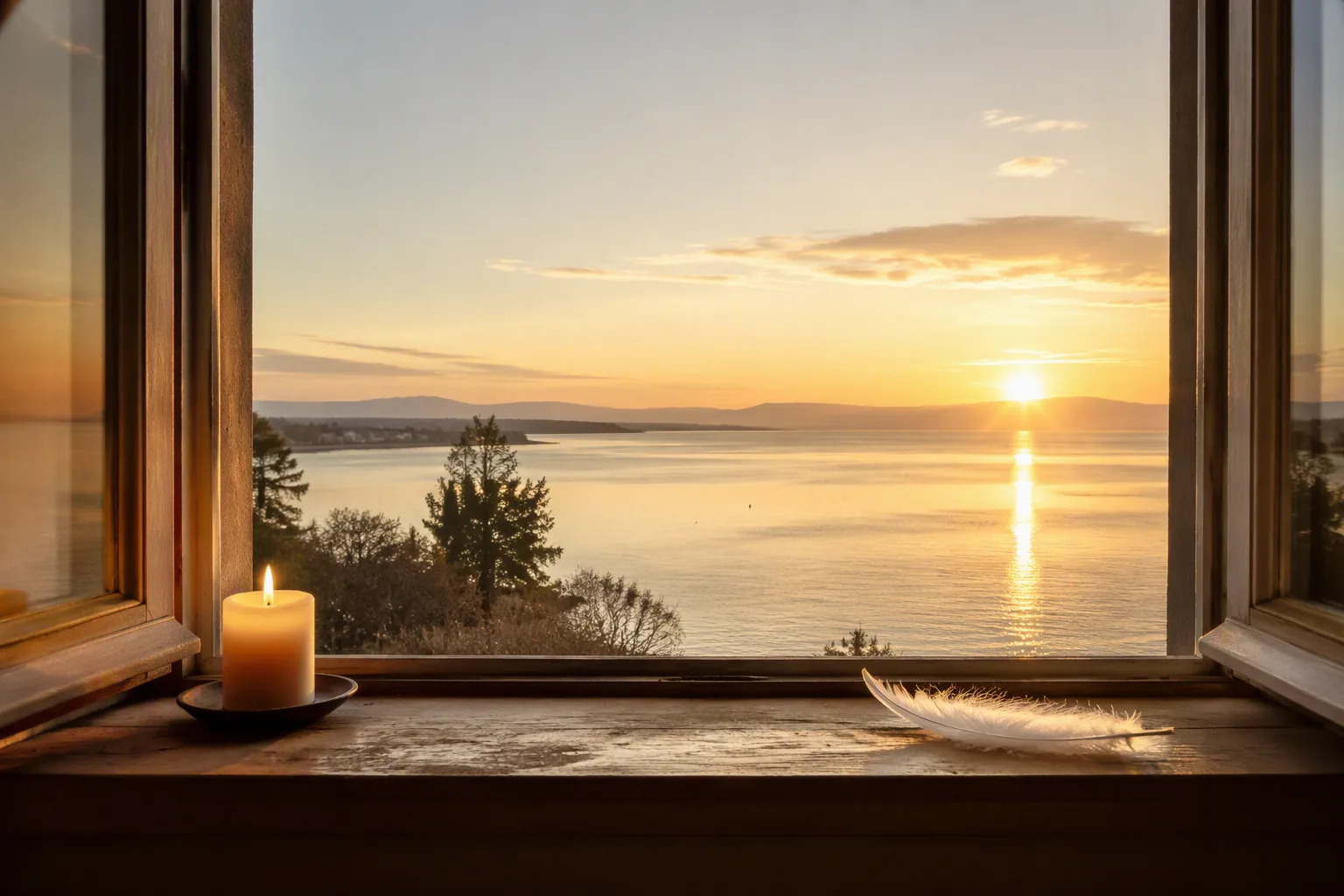 Sonnenaufgang über dem Bodensee mit Kerze und weißer Feder auf einer Fensterbank