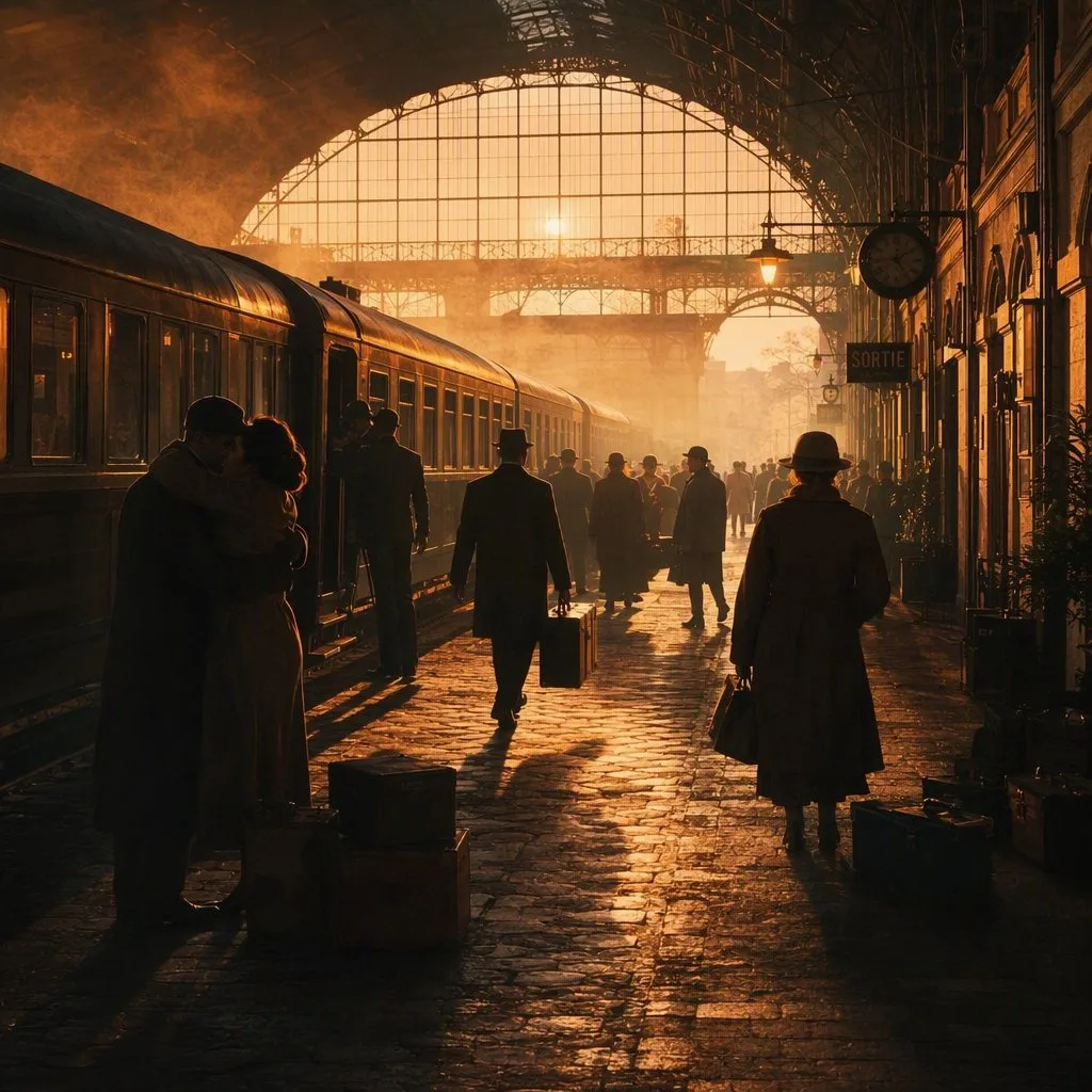 Reisende auf einem historischen Bahnhof im goldenen Licht