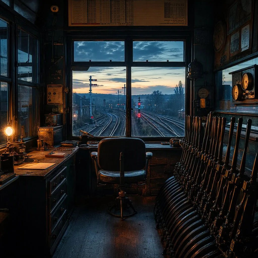 Blick aus einem alten Stellwerk auf die Gleise bei Abenddämmerung