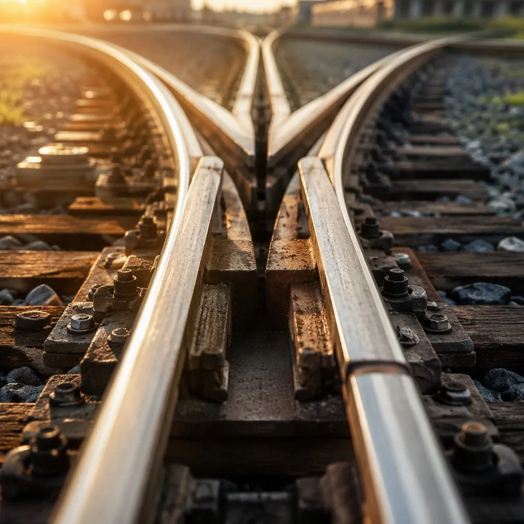 Nahaufnahme einer Bahnweiche, an der sich zwei Gleise trennen