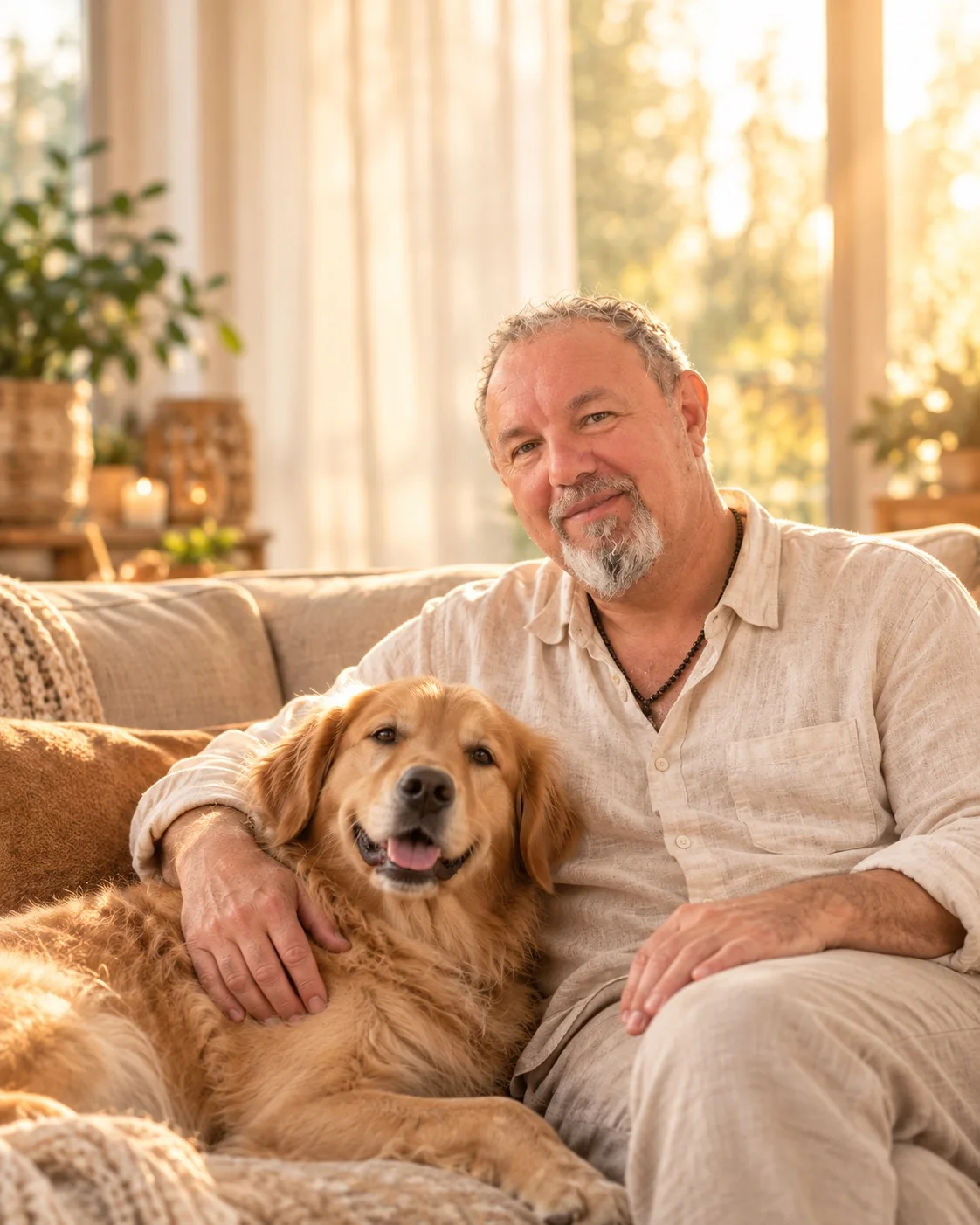 Thomas Lude freundlich auf dem Sofa mit seinem Golden Retriever