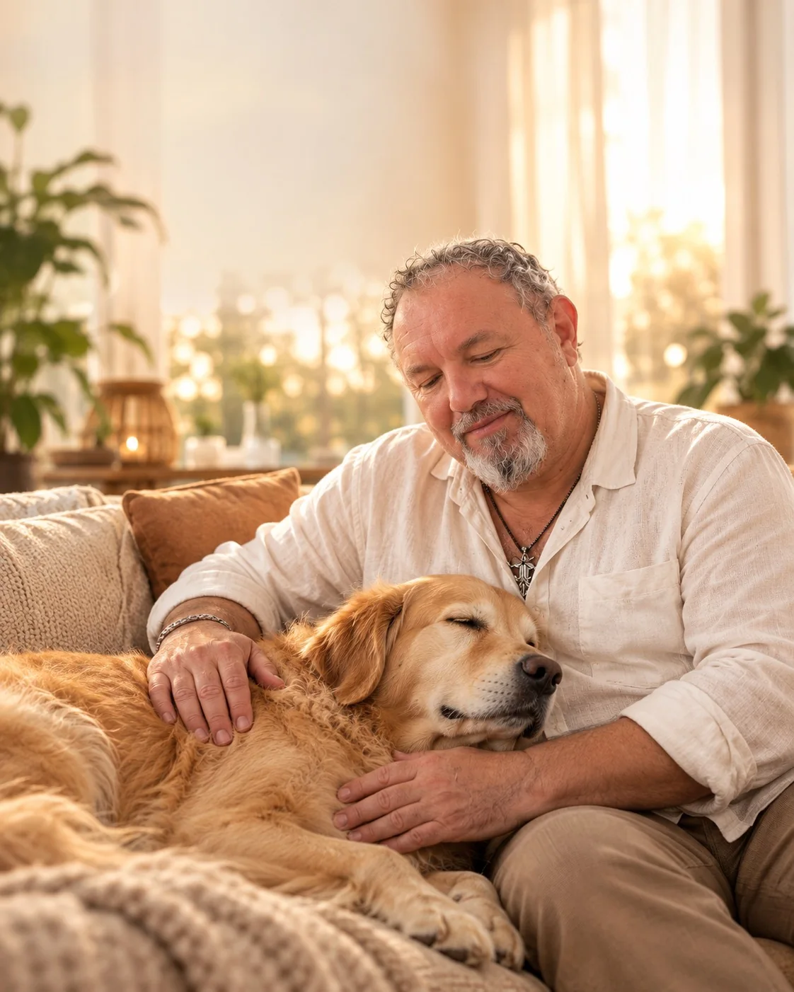 Thomas Lude legt einem entspannt liegenden Golden Retriever ruhig die Hände auf